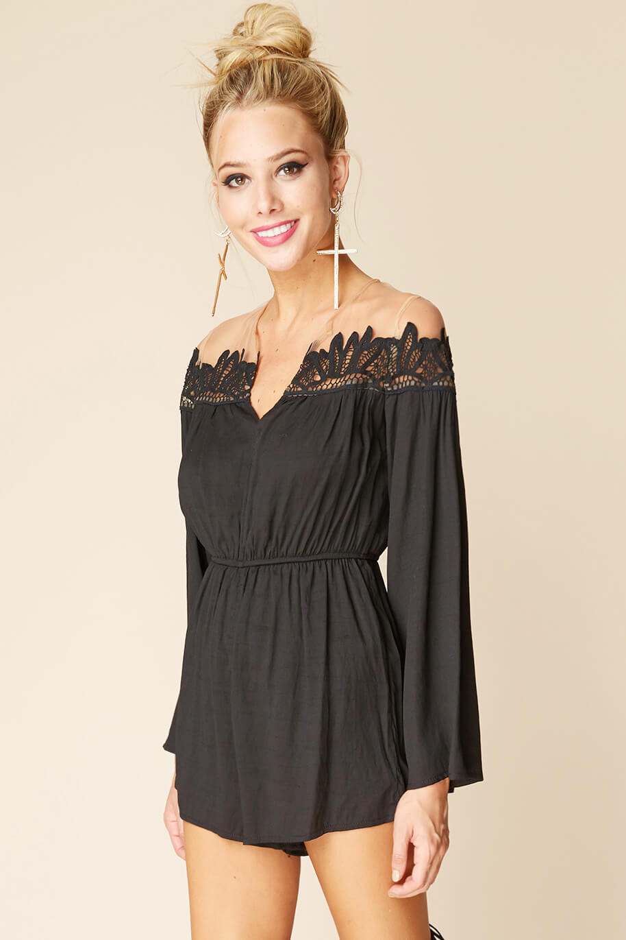 Brittany Bell Sleeve Romper Black by Selfie Leslie