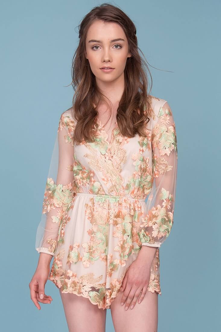 Emelia Embroidered Floral Romper Pink & Green by Selfie Leslie
