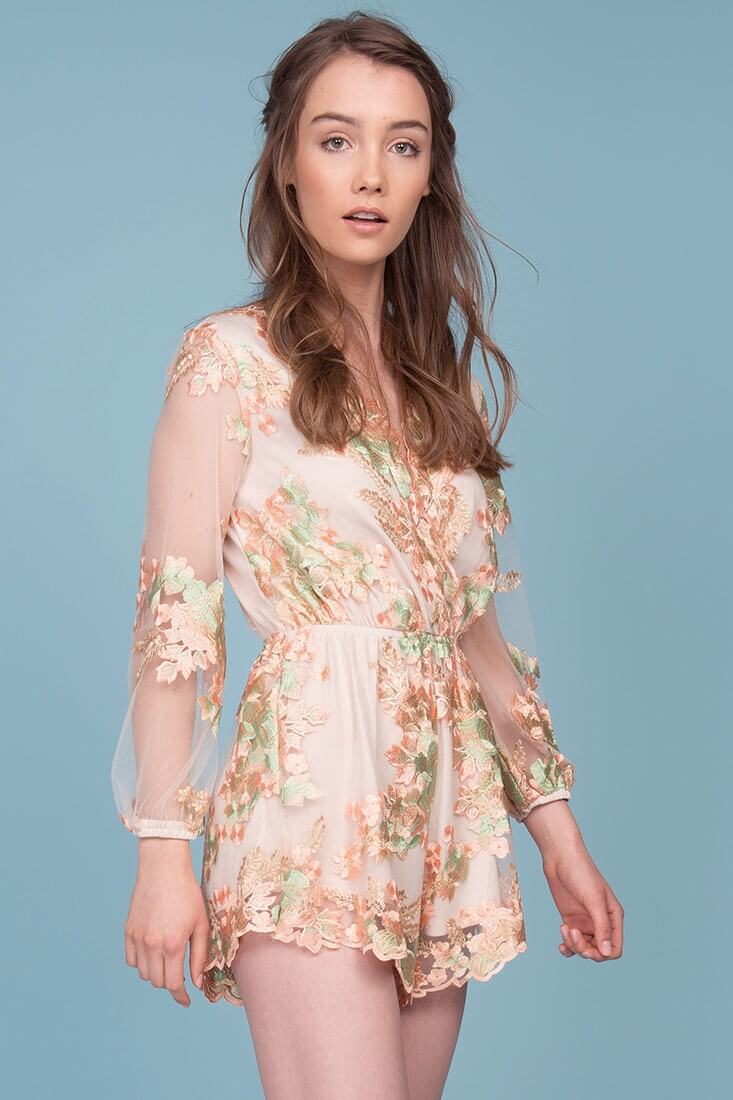 Emelia Embroidered Floral Romper Pink & Green by Selfie Leslie