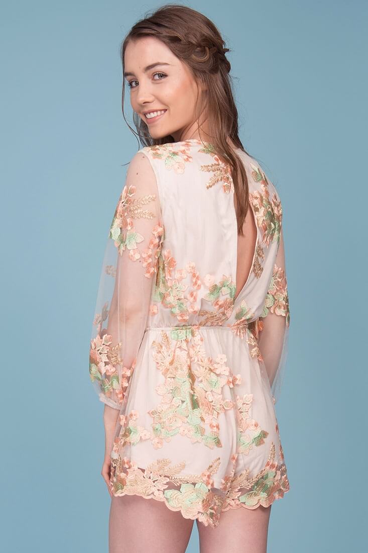 Emelia Embroidered Floral Romper Pink & Green by Selfie Leslie
