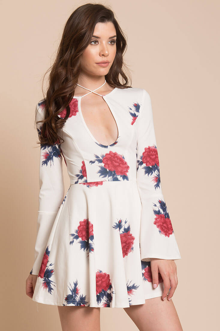 Quinn Floral Fit and Flare Dress White by Selfie Leslie