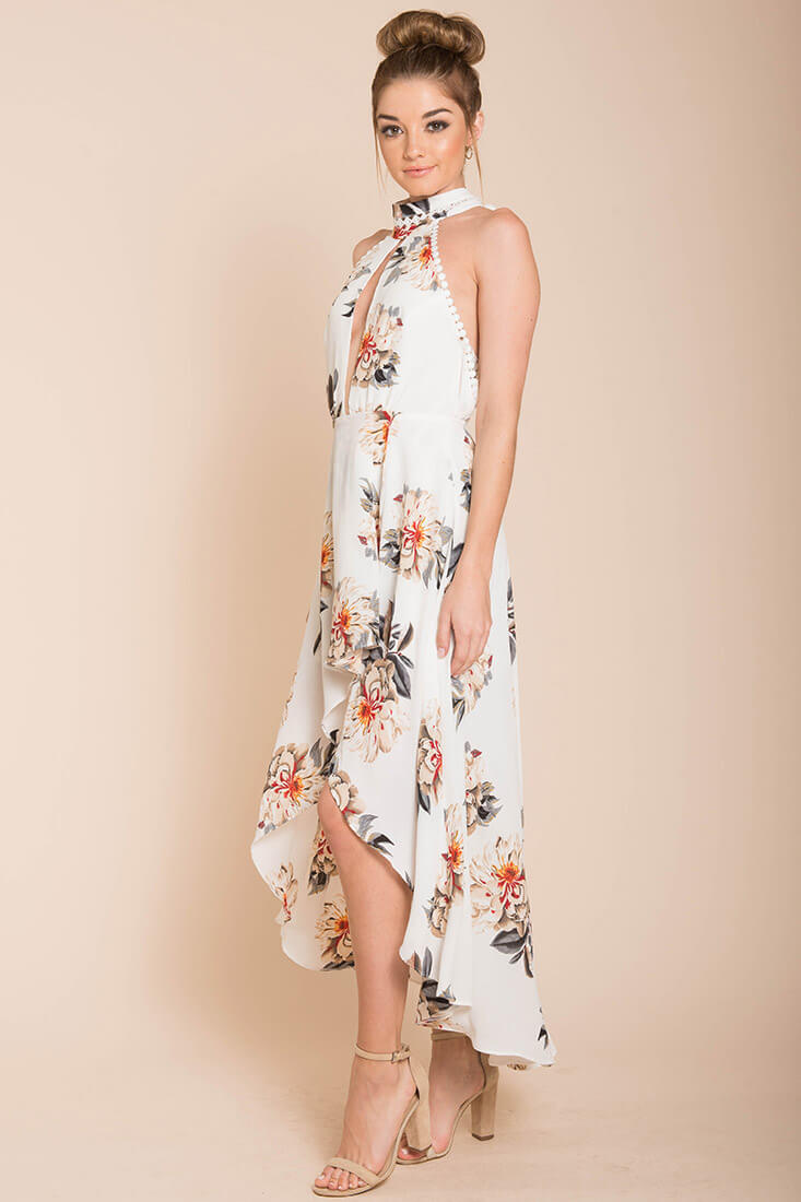 Natalee Floral High to Low Dress White by Selfie Leslie