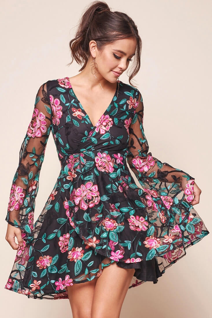 Margot Sheer Embroidered Floral Fit and Flare Dress Black/Pink by Selfie Leslie