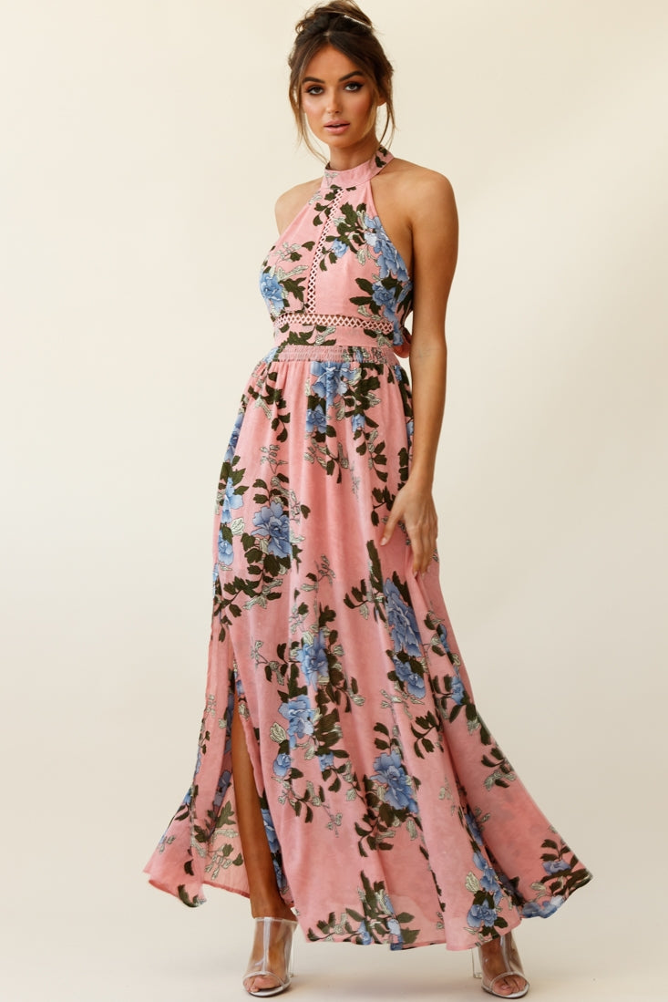 Baylor Floral Halterneck Maxi Dress Pink by Selfie Leslie