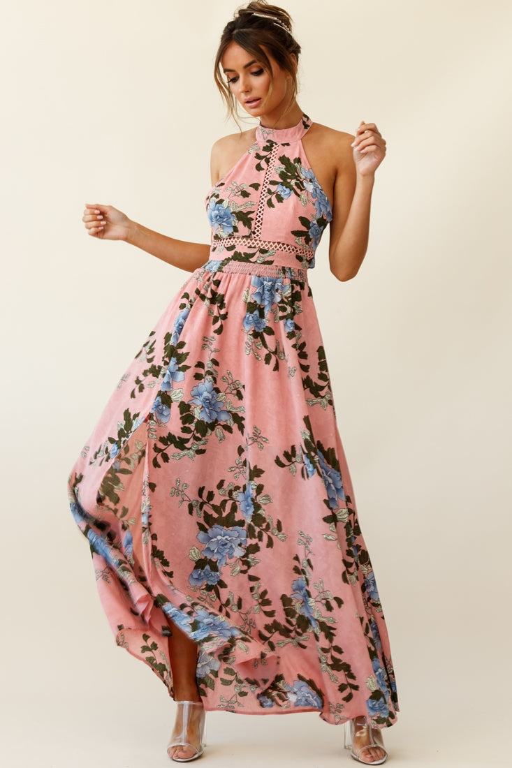 Baylor Floral Halterneck Maxi Dress Pink by Selfie Leslie