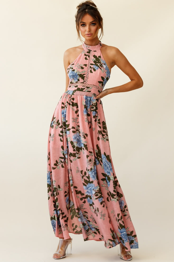 Baylor Floral Halterneck Maxi Dress Pink by Selfie Leslie