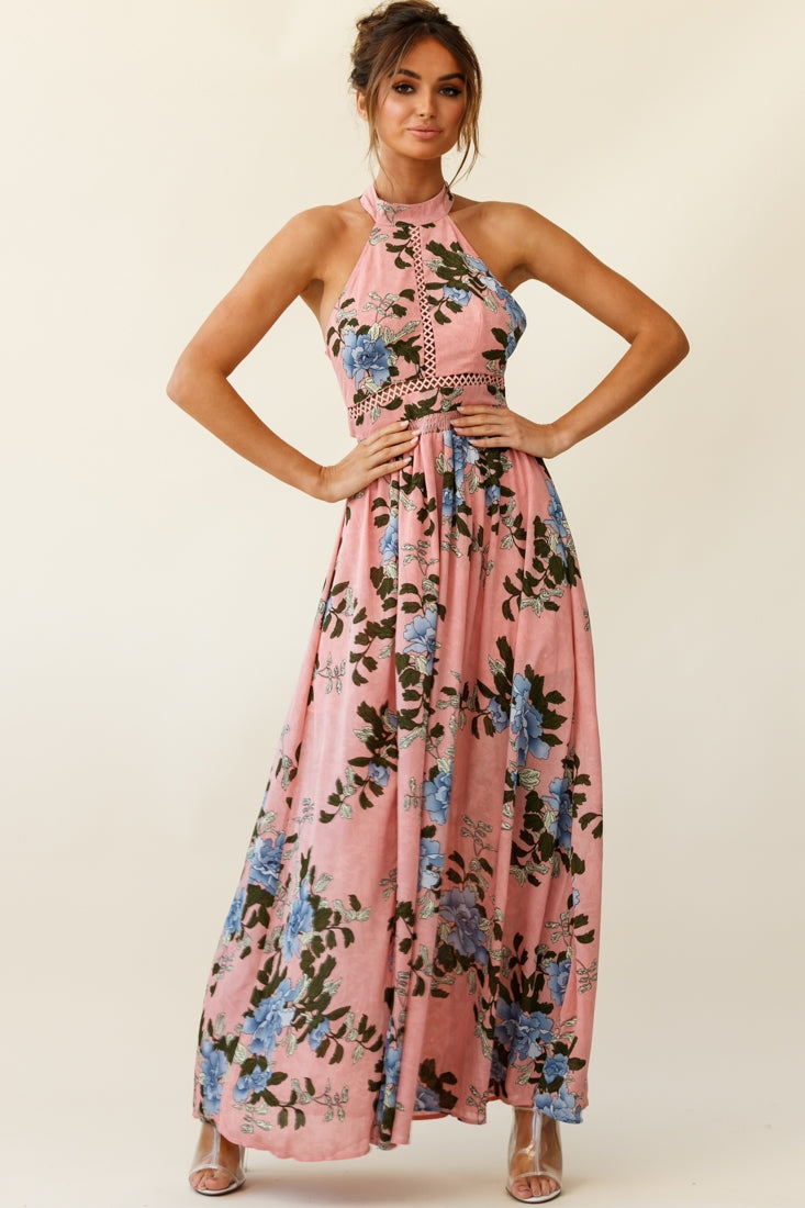 Baylor Floral Halterneck Maxi Dress Pink by Selfie Leslie