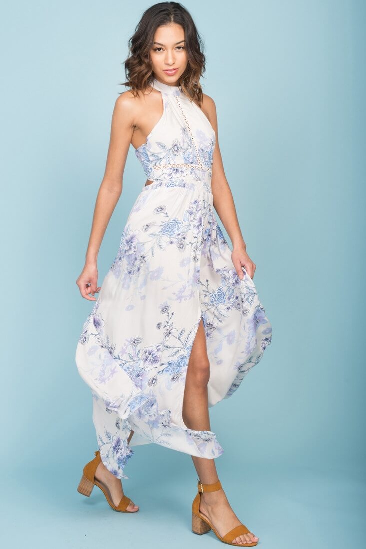 Baylor Floral Print Halter Maxi Dress Beige by Selfie Leslie