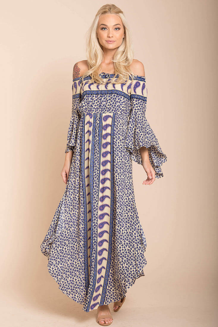 Lilia Tube Maxi Dress Beige Purple by Selfie Leslie