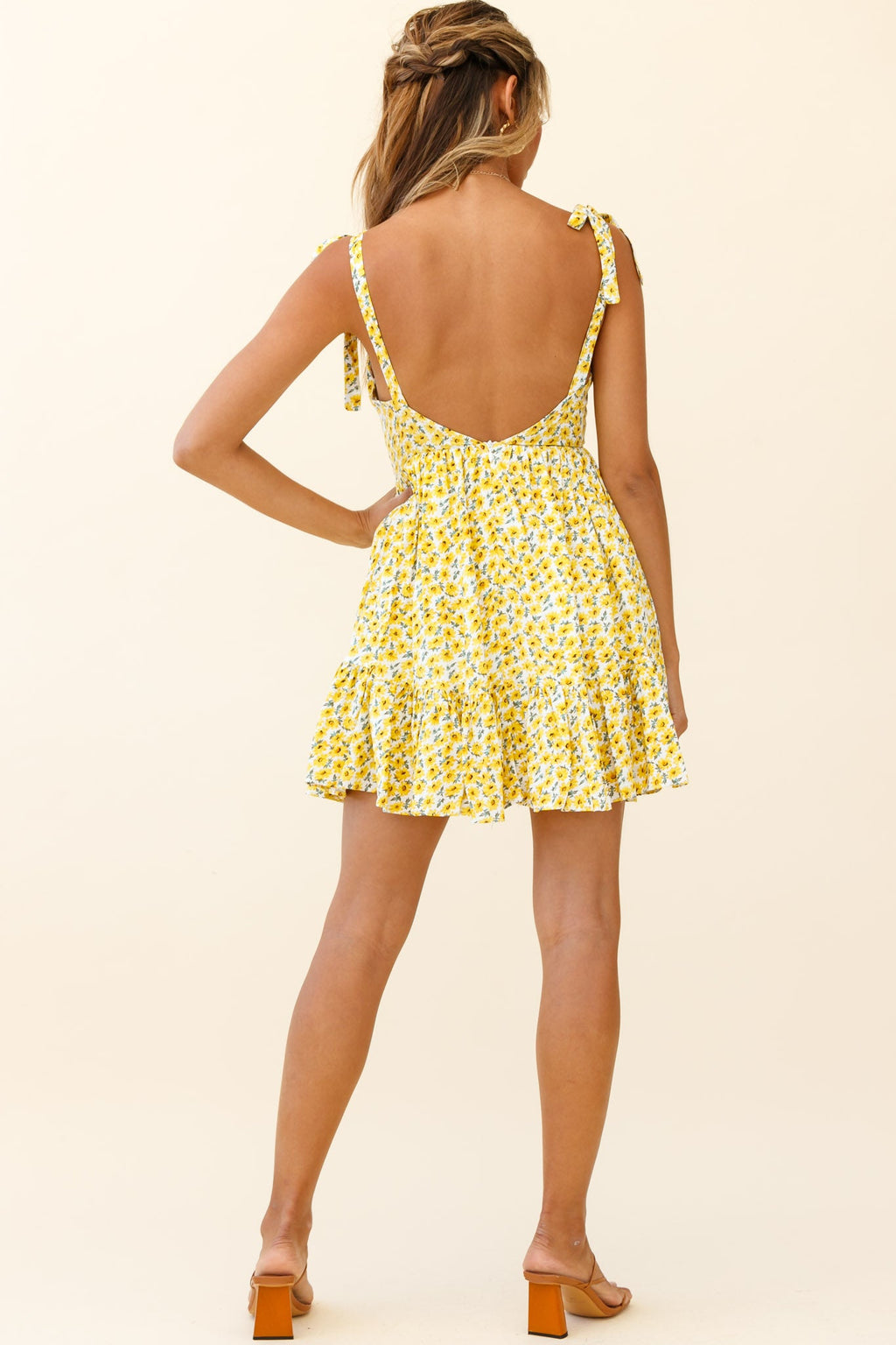Maven Tied Shoulder Low Back Dress Floral Print Yellow by Selfie Leslie