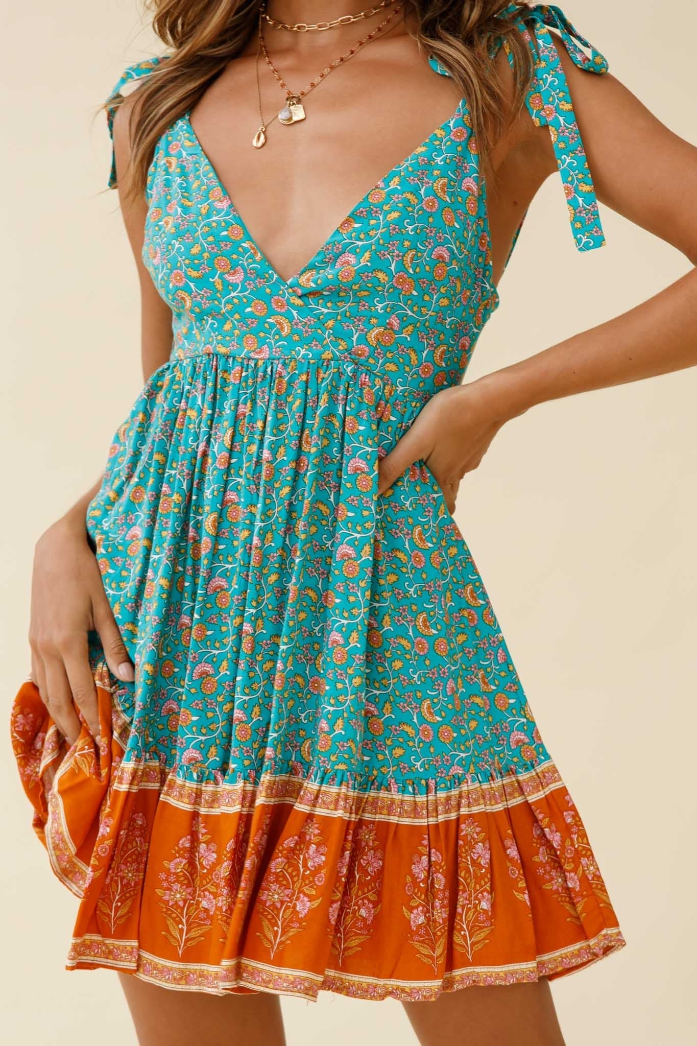 Maven Tied Shoulder Low Back Dress Flower Print Jade by Selfie Leslie