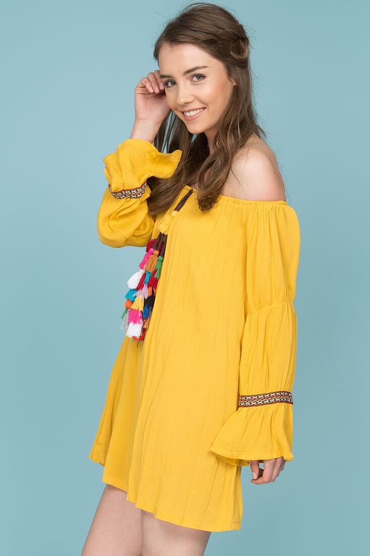 Jaelyn Tube Top Tassel Dress Yellow Mustard by Selfie Leslie