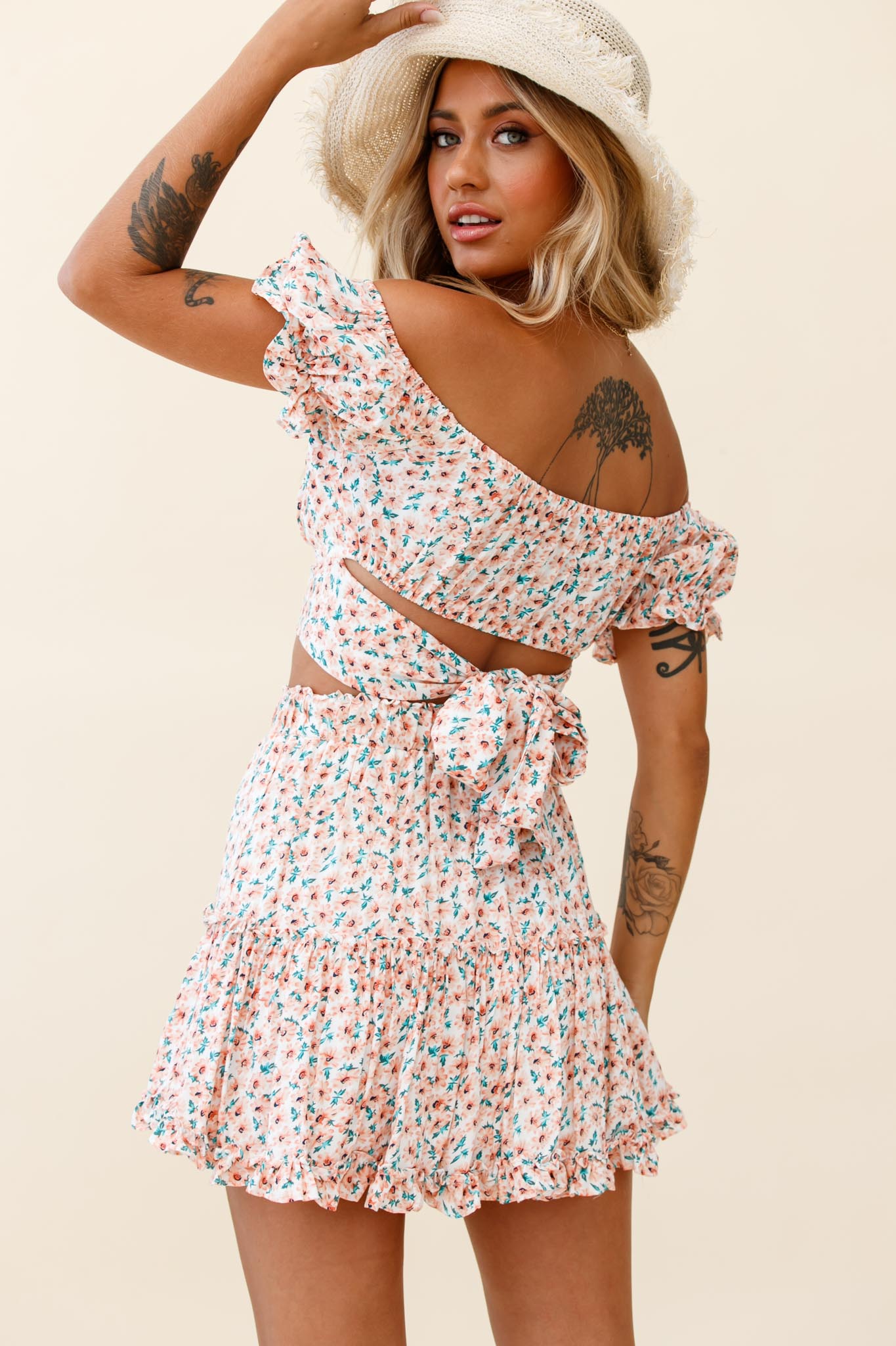 Alexi Frill Trim Mini Skirt Floral Print Pink by Selfie Leslie