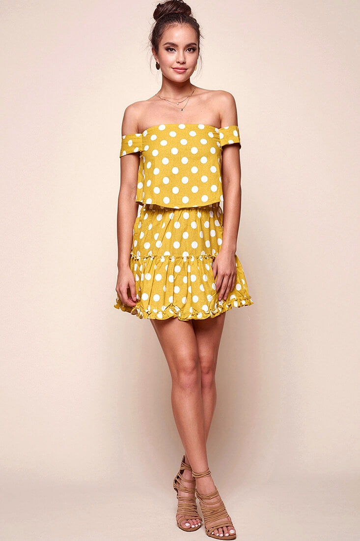 Alexi Polka Dot Off The Shoulder Top Yellow Mustard by Selfie Leslie