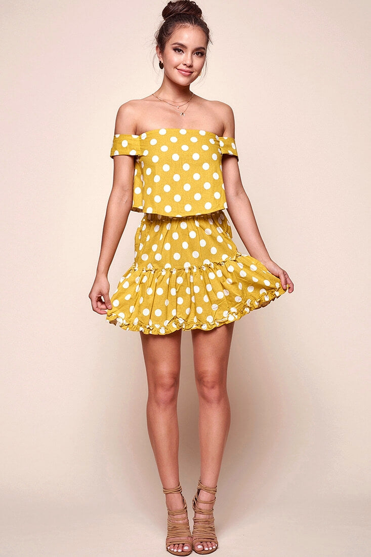 Alexi Polka Dot Off The Shoulder Top Yellow Mustard by Selfie Leslie