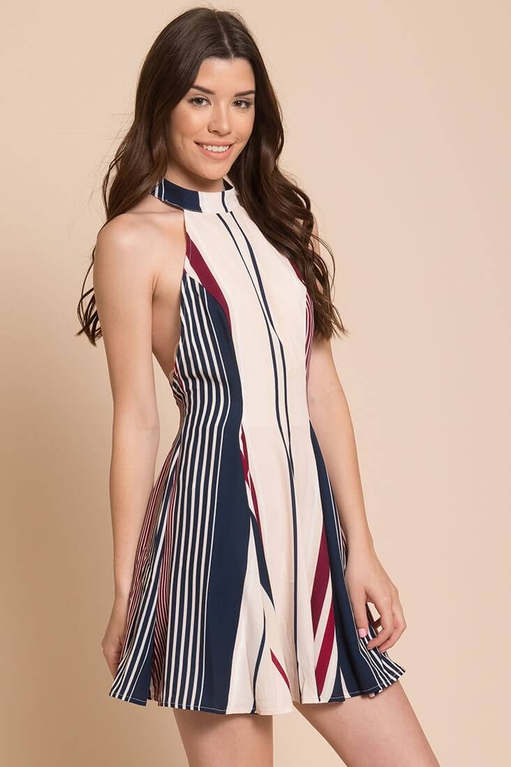 Maia Striped Mini Flare Dress Navy by Selfie Leslie