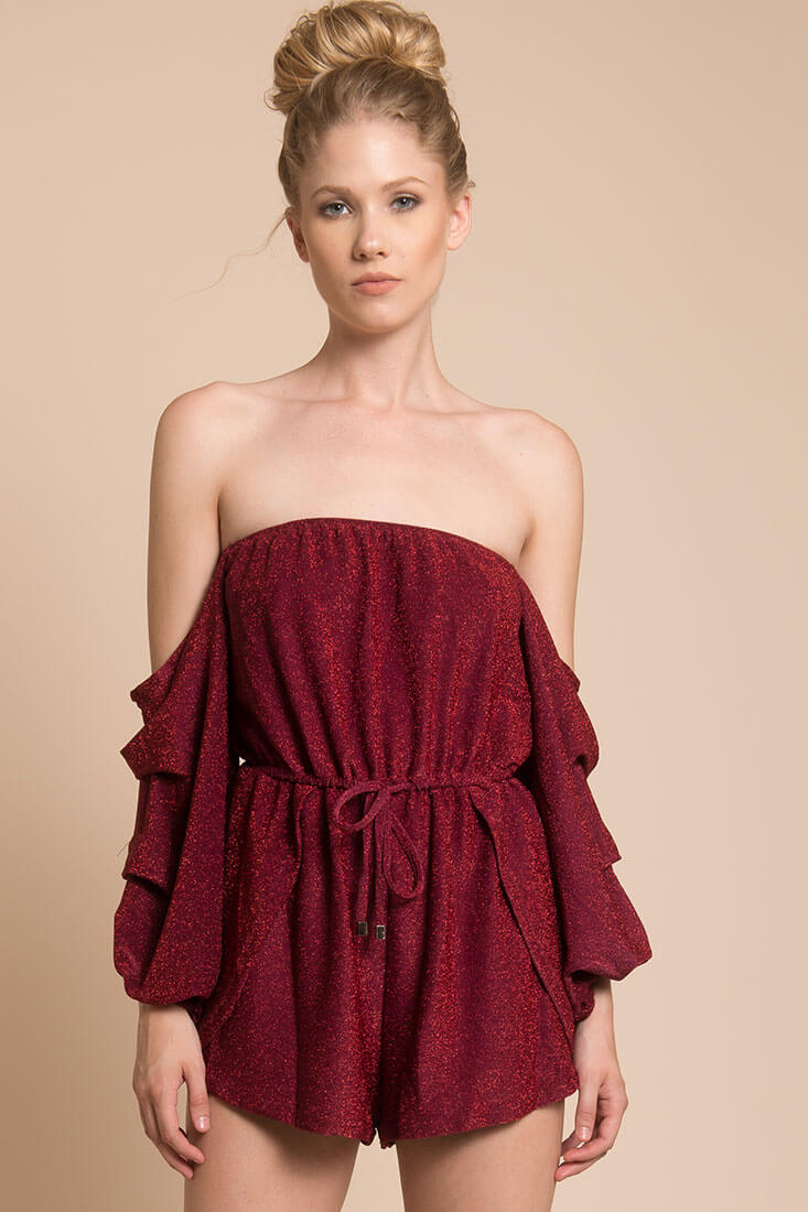 Addison Off The Shoulder Romper Wine by Selfie Leslie