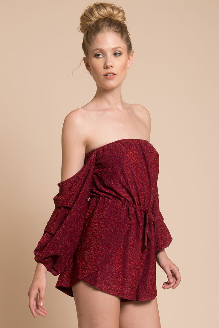 Addison Off The Shoulder Romper Wine by Selfie Leslie