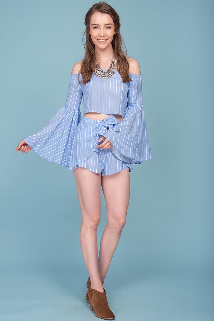 Blaine Tie Waist Pinstripe Shorts Blue by Selfie Leslie