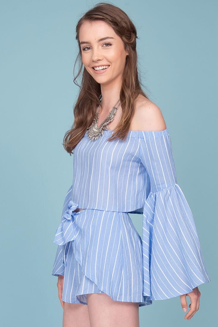 Blaine Bell Sleeve Off The Shoulder Pinstripe Top Blue by Selfie Leslie