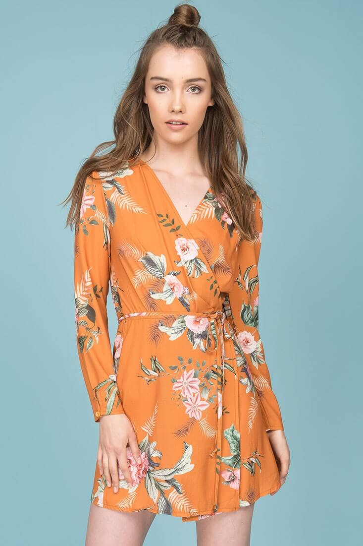 Aryanna Floral Wrap Dress Orange Mustard by Selfie Leslie