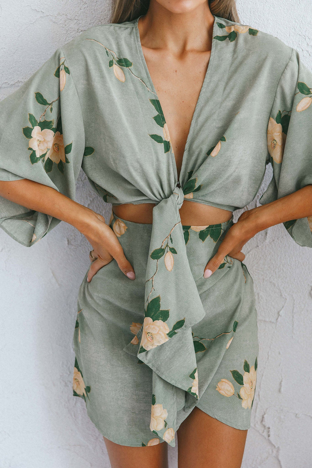 Rivera Deep-V Waist-Tie Top Rose Floral Print Sage by Selfie Leslie