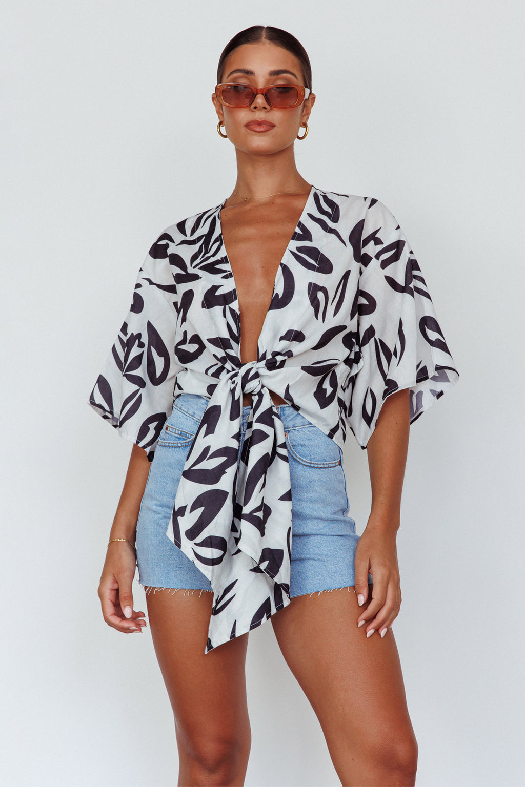 Rivera Deep-V Waist-Tie Top Leaves Black by Selfie Leslie Australia