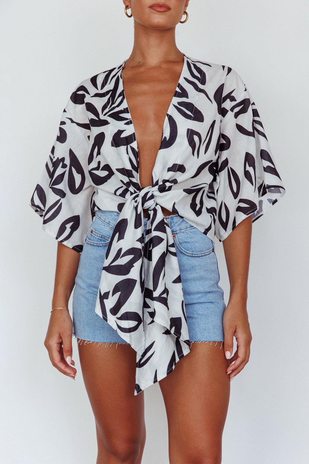 Rivera Deep-V Waist-Tie Top Leaves Black by Selfie Leslie Australia