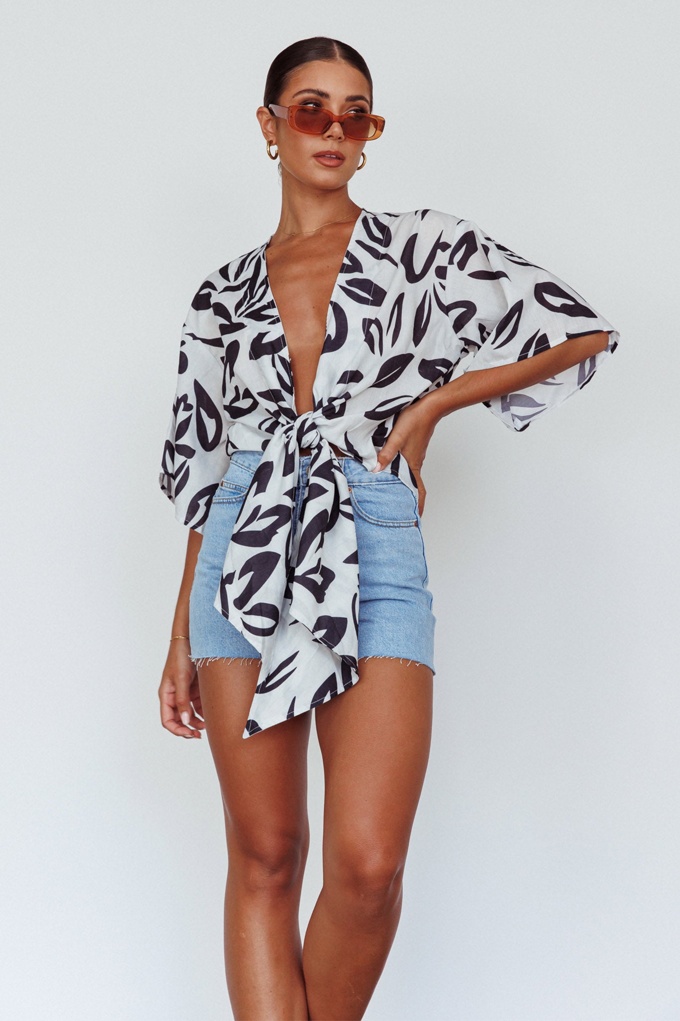 Rivera Deep-V Waist-Tie Top Leaves Black by Selfie Leslie Australia