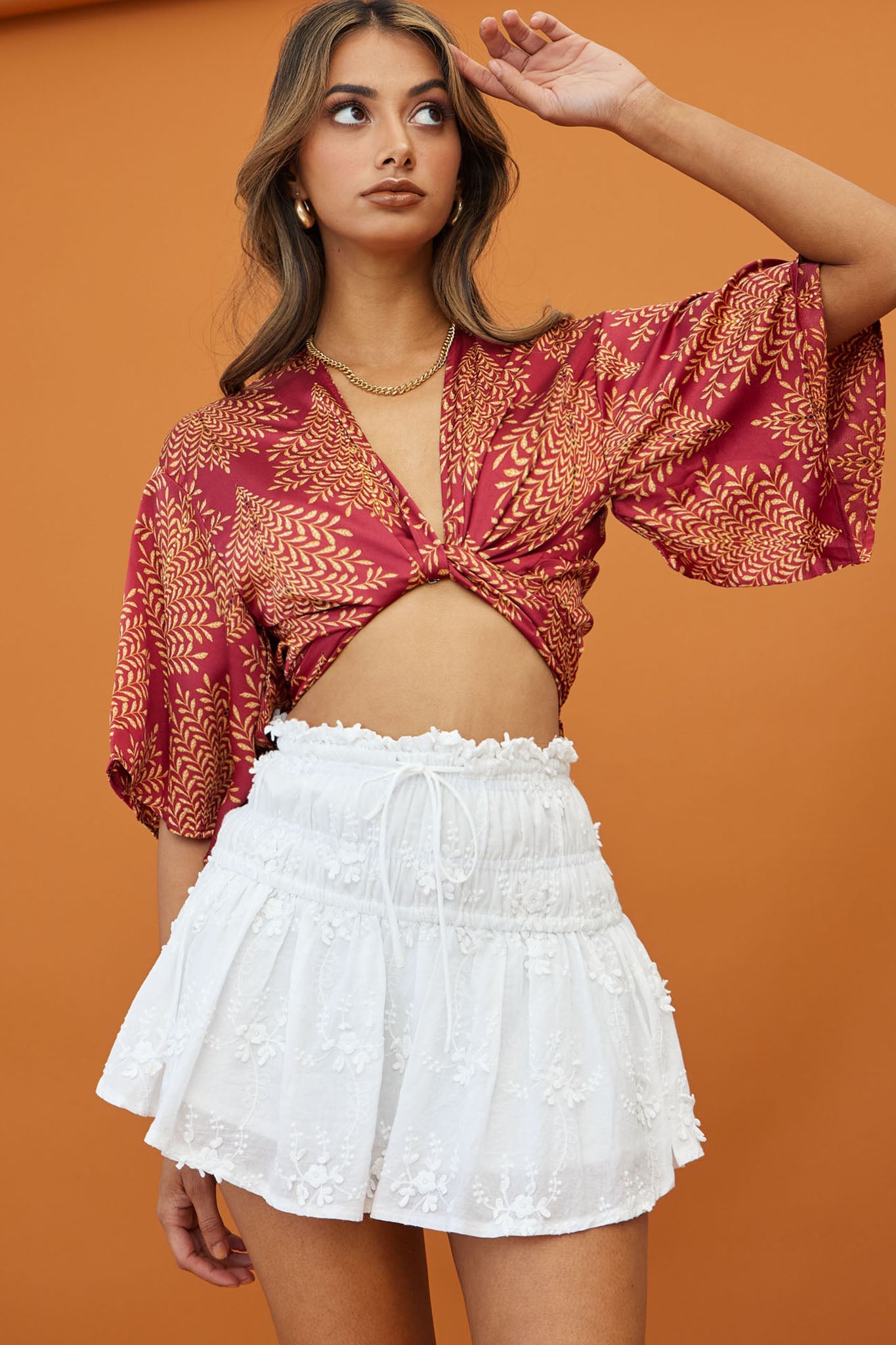 Rivera Deep-V Waist-Tie Top Leaf Print Wine by Selfie Leslie