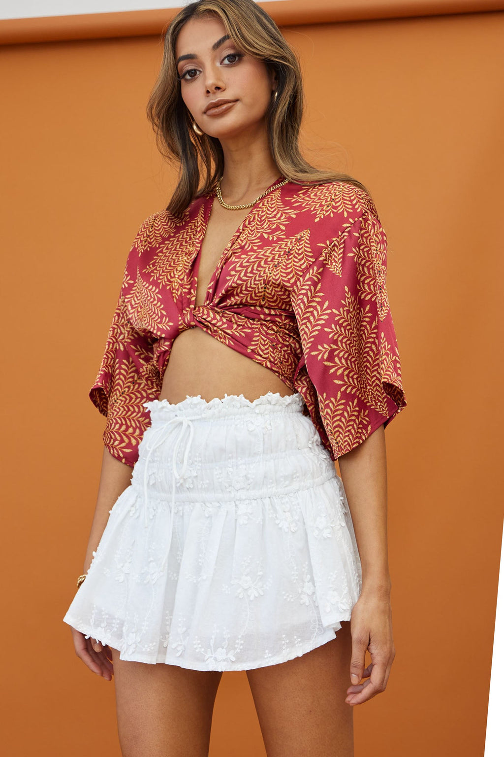 Rivera Deep-V Waist-Tie Top Leaf Print Wine by Selfie Leslie