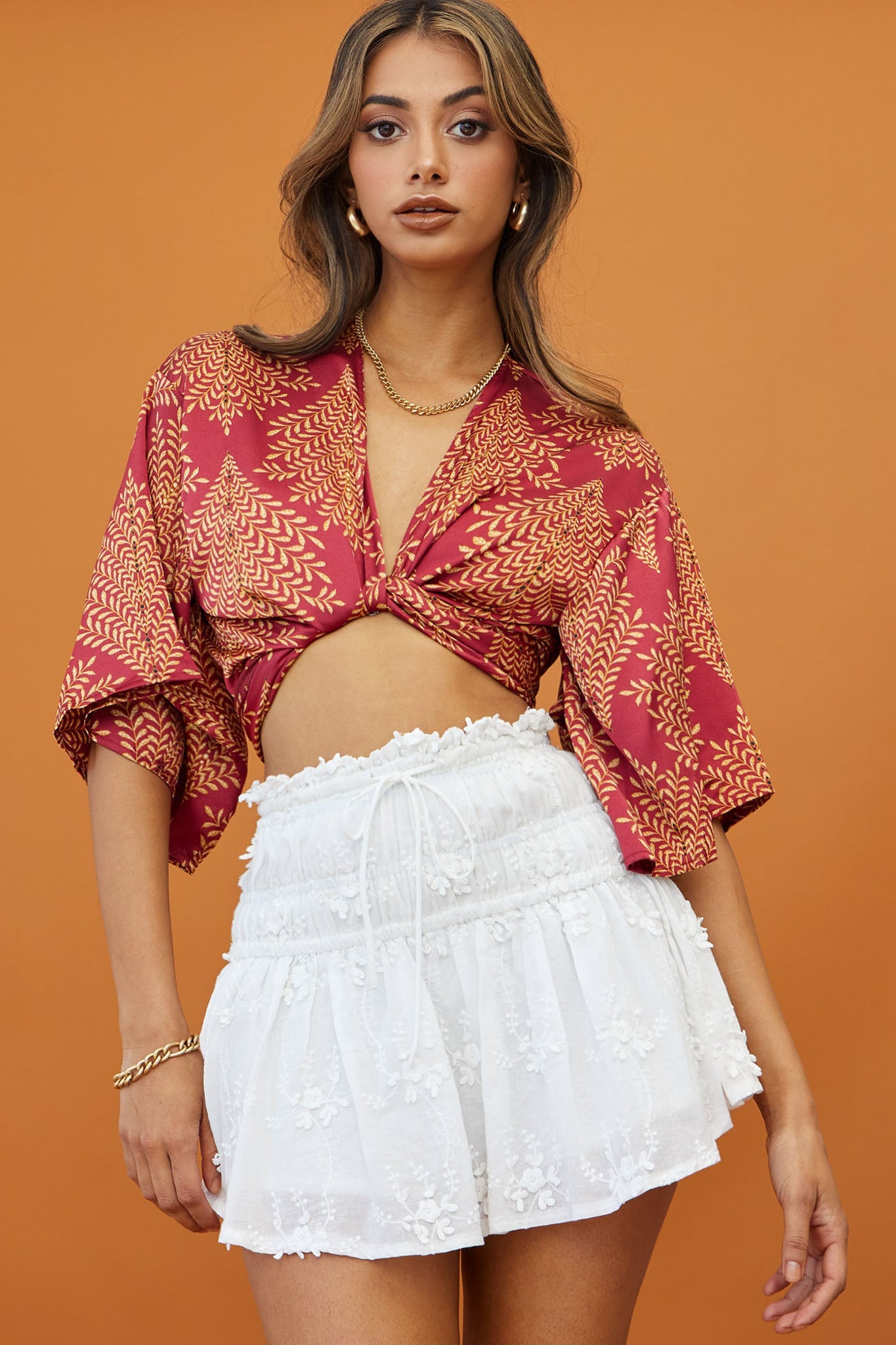Rivera Deep-V Waist-Tie Top Leaf Print Wine by Selfie Leslie
