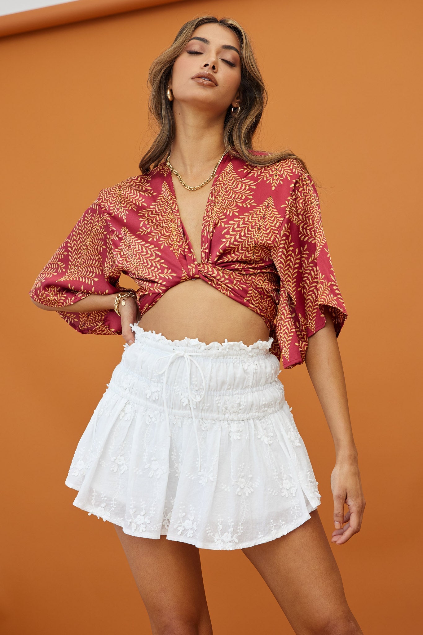 Rivera Deep-V Waist-Tie Top Leaf Print Wine by Selfie Leslie