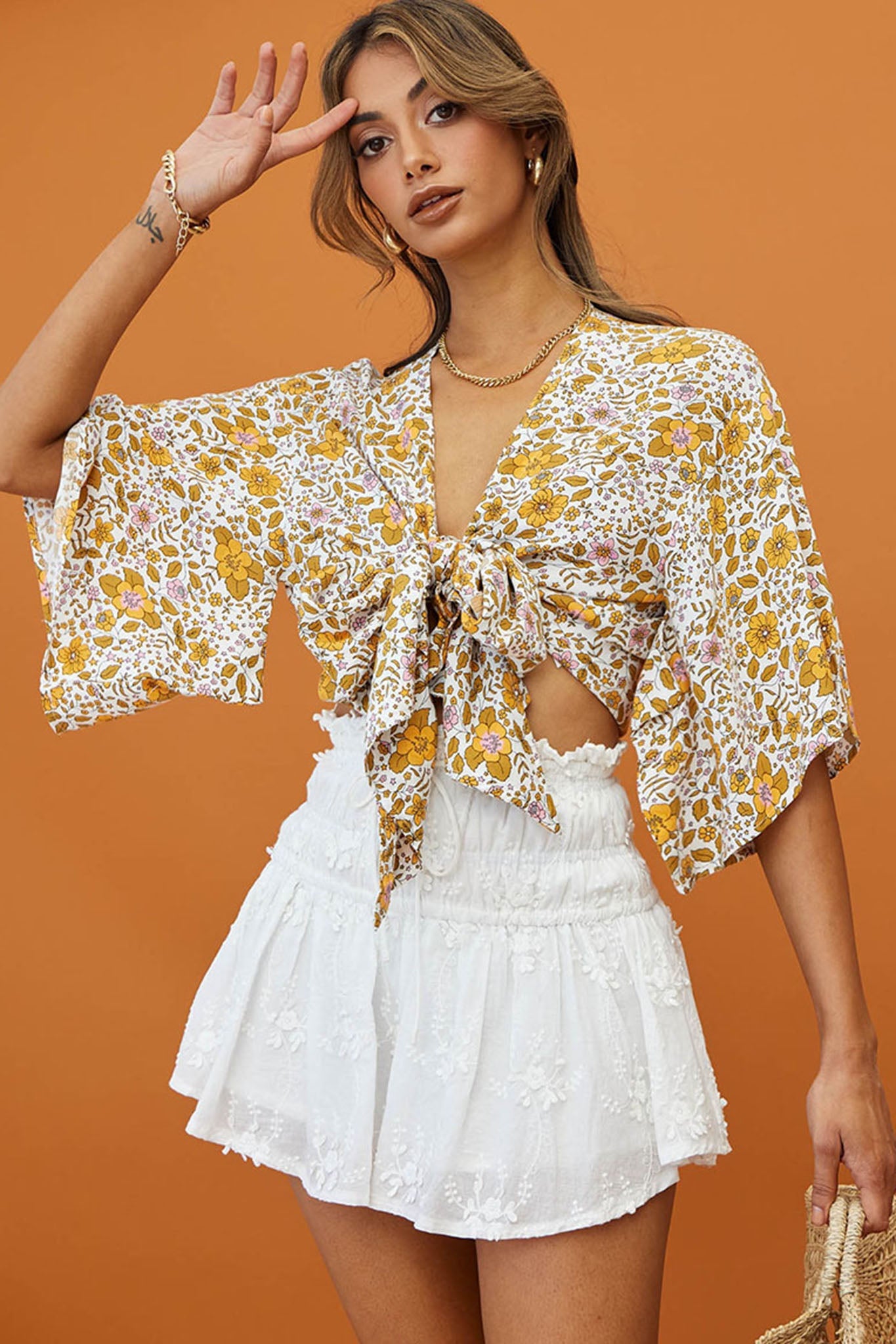 Rivera Deep-V Tie Front Crop Top Floral Print White/Yellow by Selfie Leslie