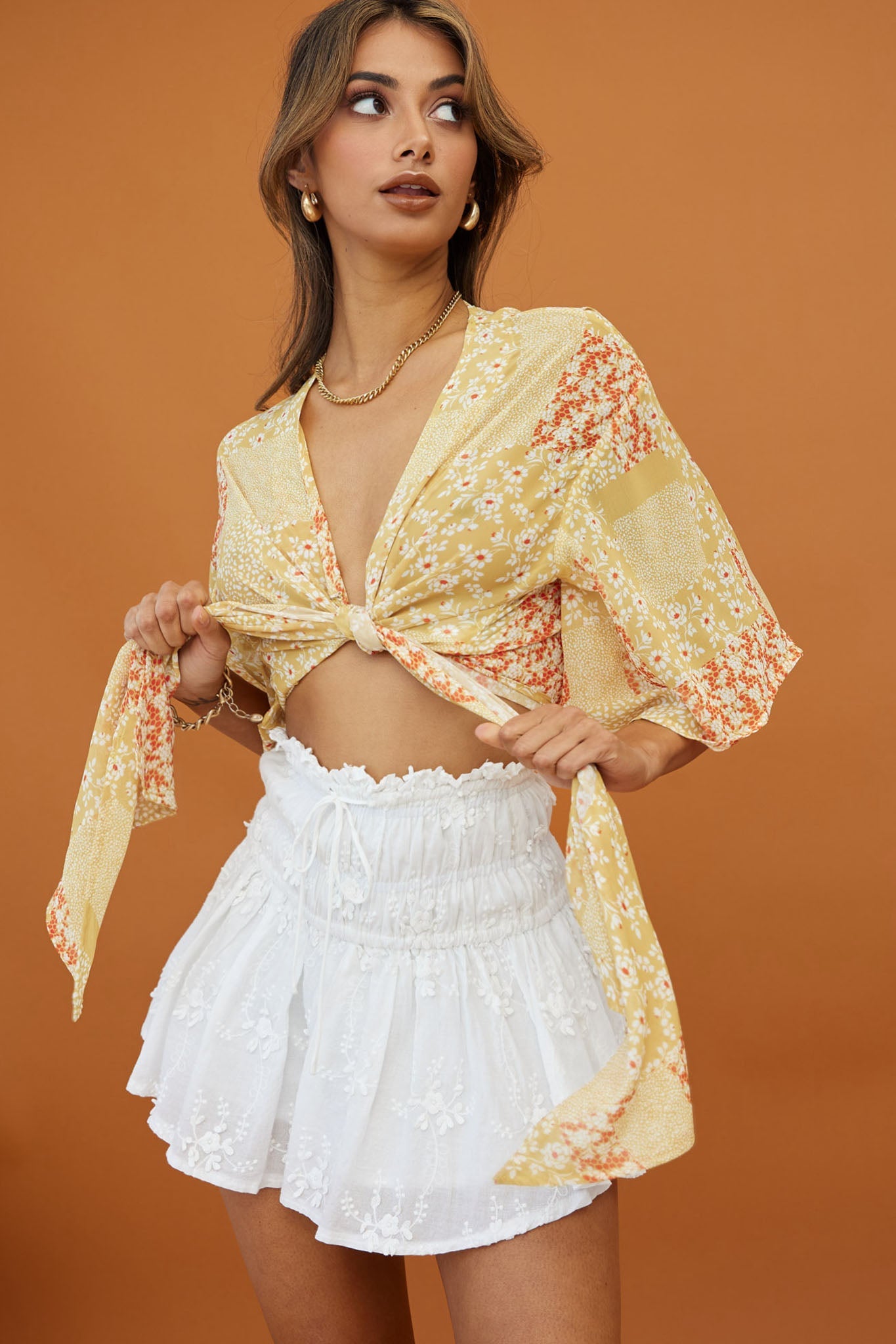 Rivera Deep-V Tie Front Crop Top Floral Square Print Yellow by Selfie Leslie