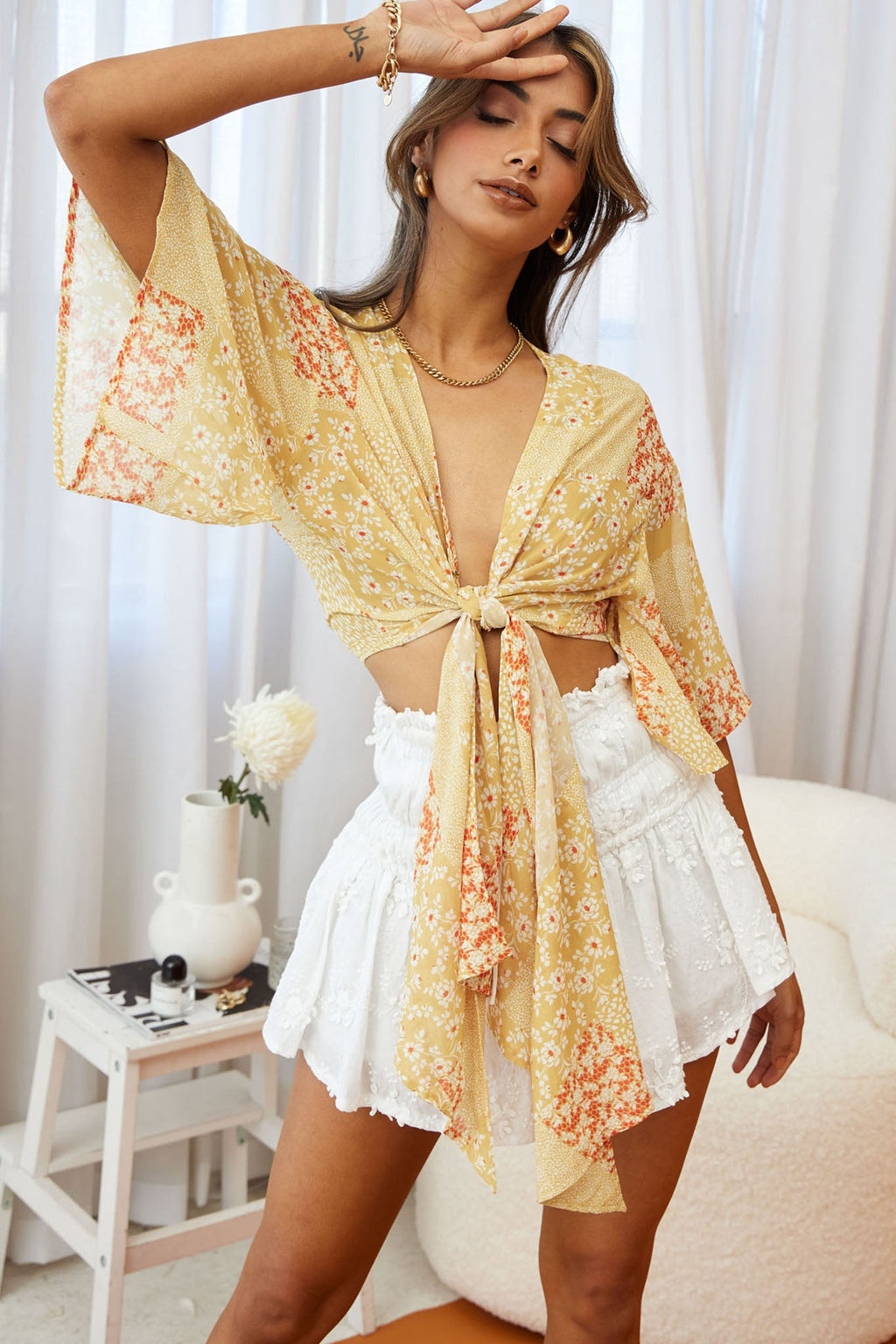 Rivera Deep-V Tie Front Crop Top Floral Square Print Yellow by Selfie Leslie