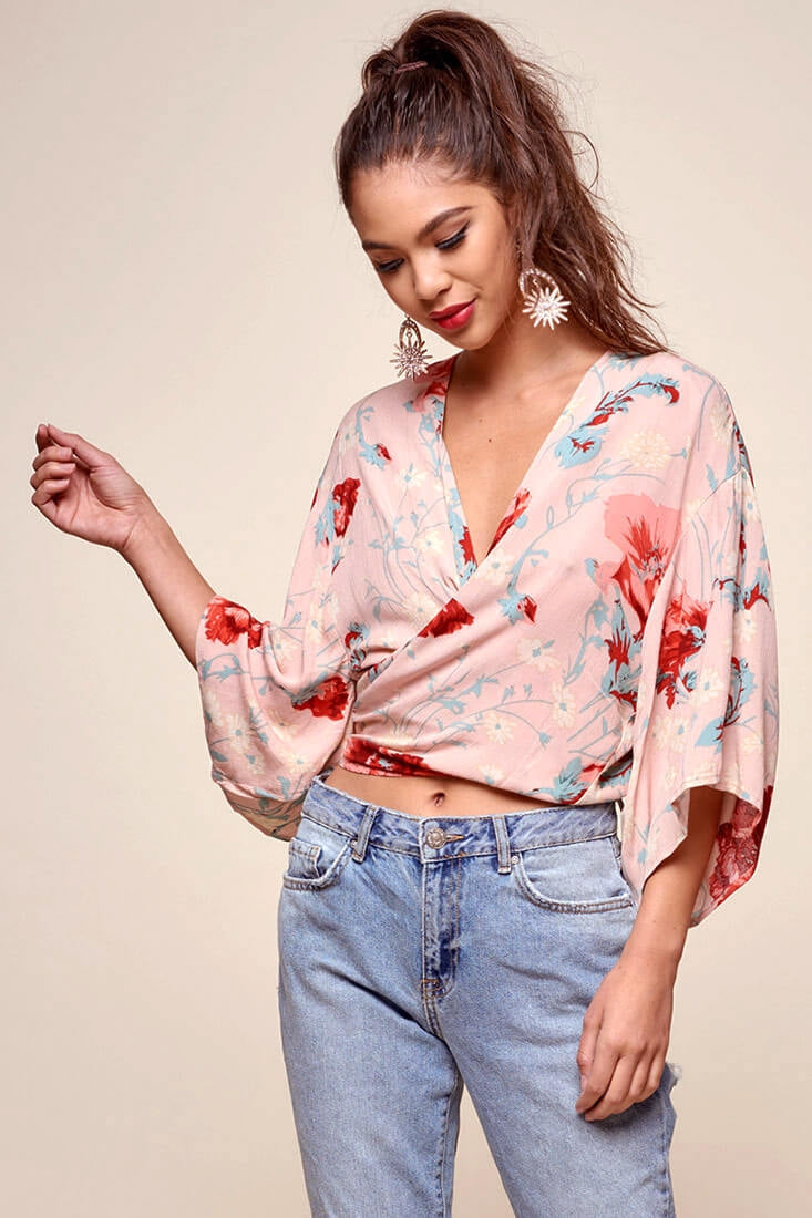 Rivera Waist Tie Floral Top Pink by Selfie Leslie
