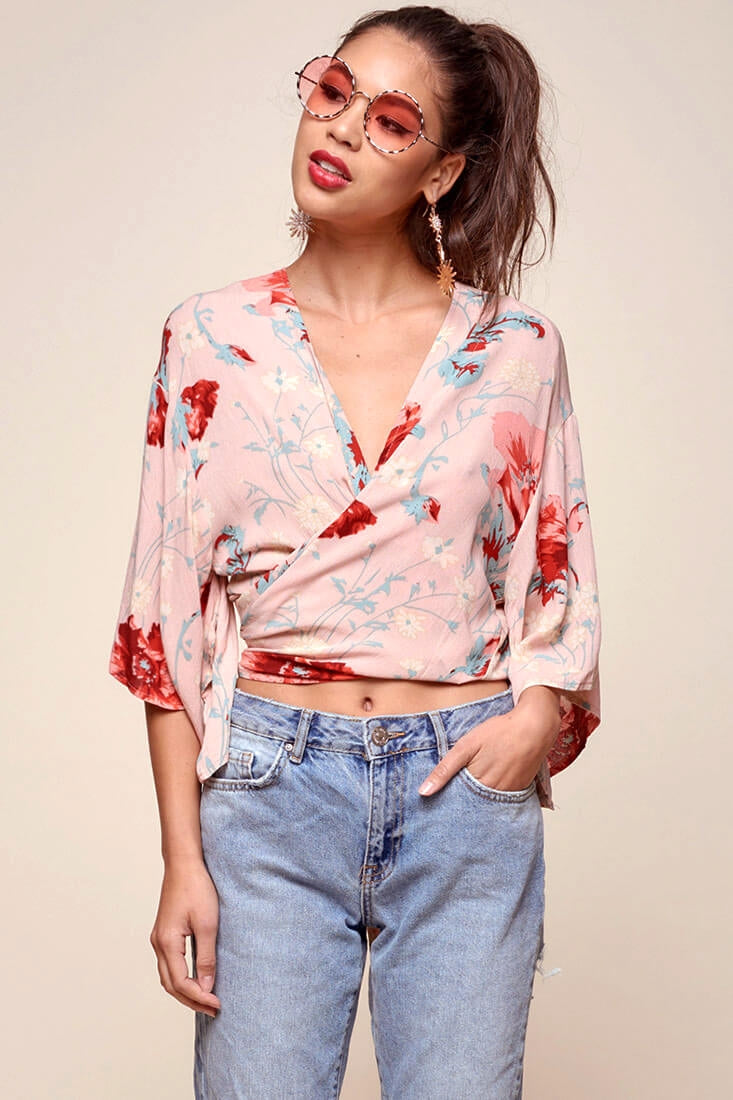 Rivera Waist Tie Floral Top Pink by Selfie Leslie