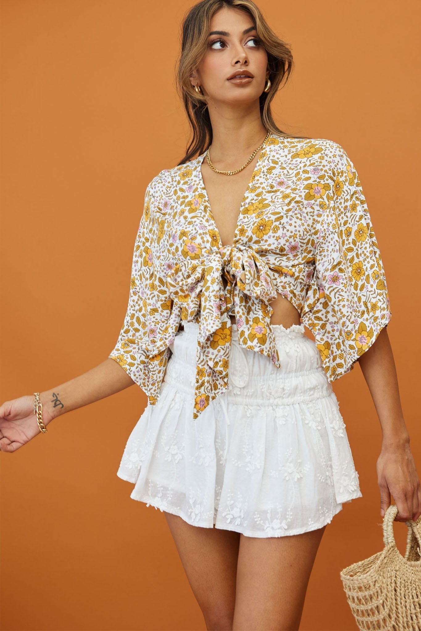 Rivera Deep-V Tie Front Crop Top Floral Print White/Yellow by Selfie Leslie