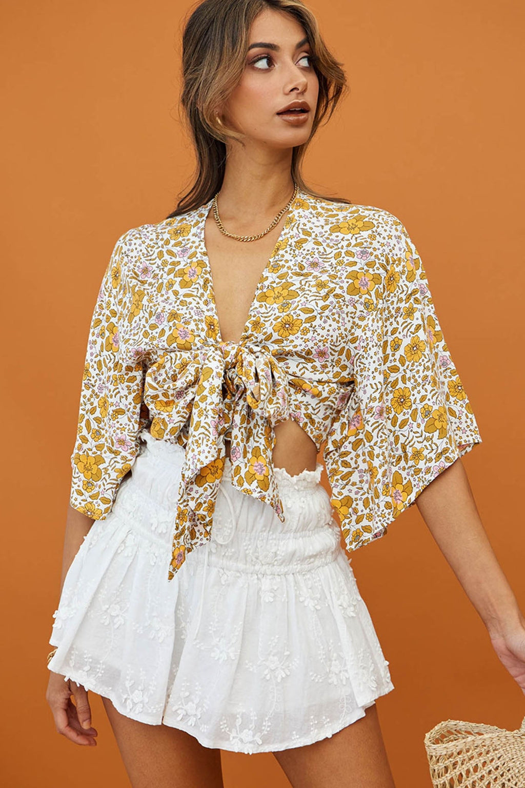 Rivera Deep-V Tie Front Crop Top Floral Print White/Yellow by Selfie Leslie