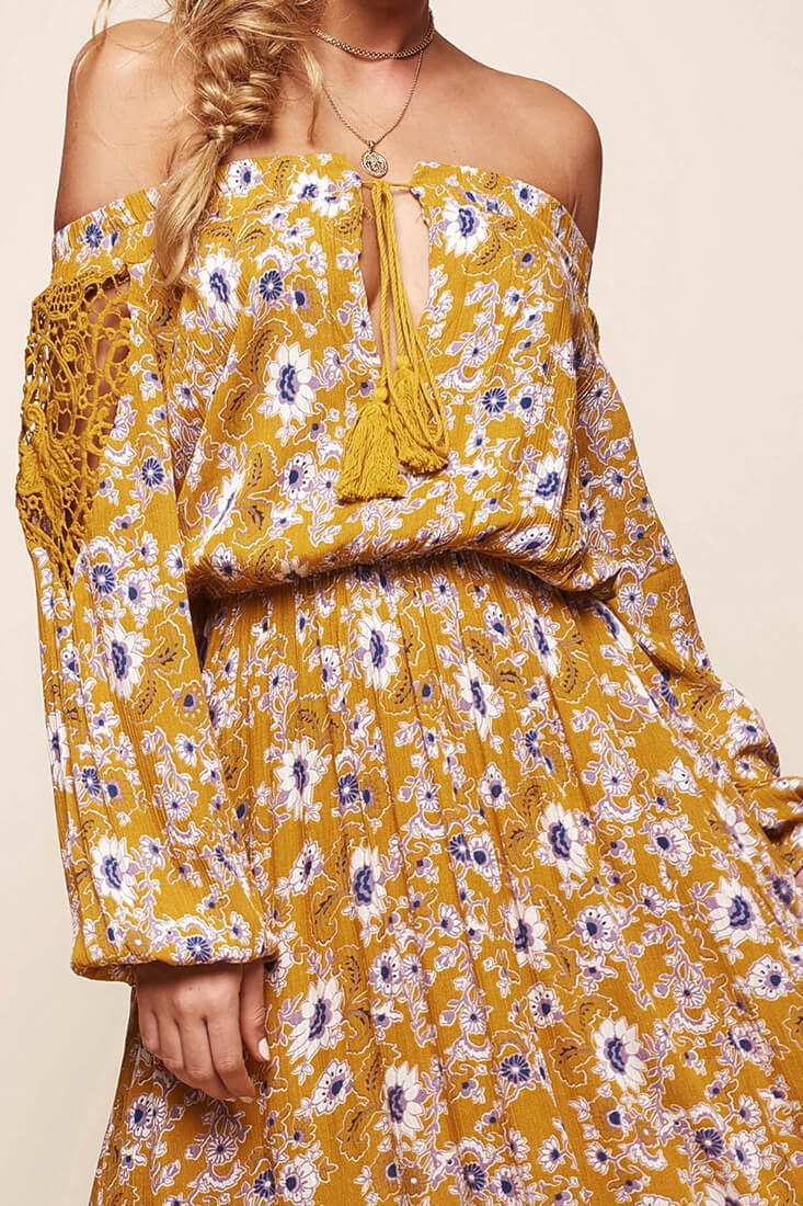 Mojave Off-Shoulder Floral Maxi Dress Mustard by Selfie Leslie