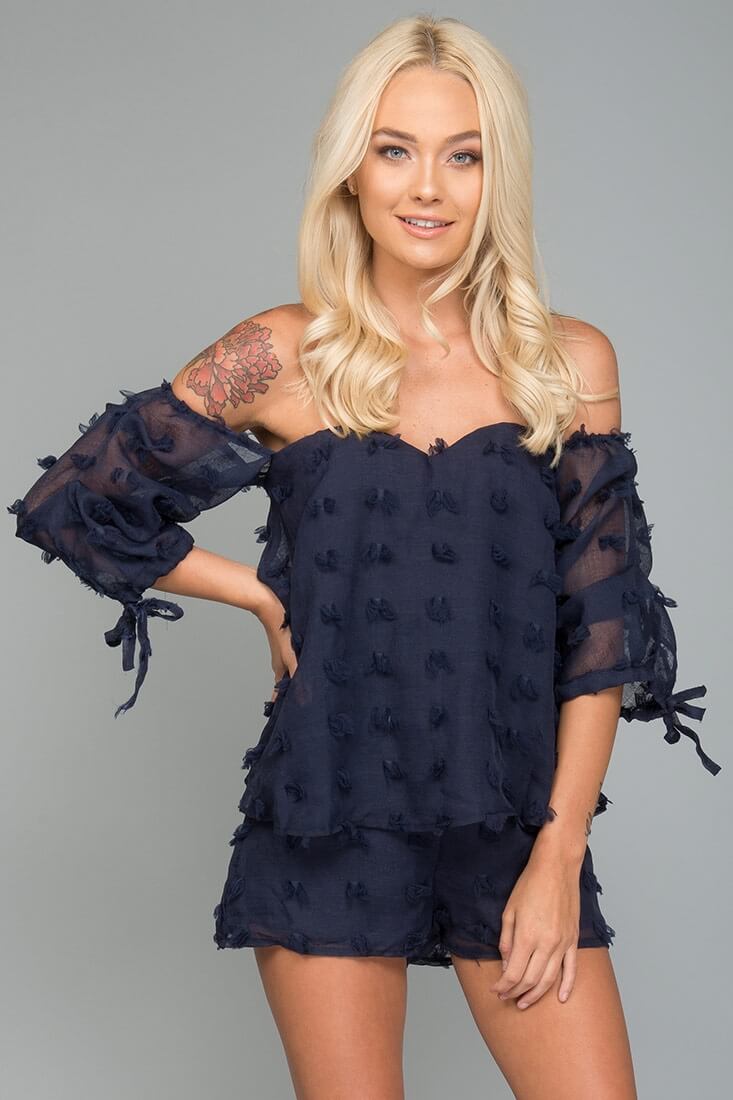 Stefani Heart Shaped Off the Shoulder Romper Navy by Selfie Leslie