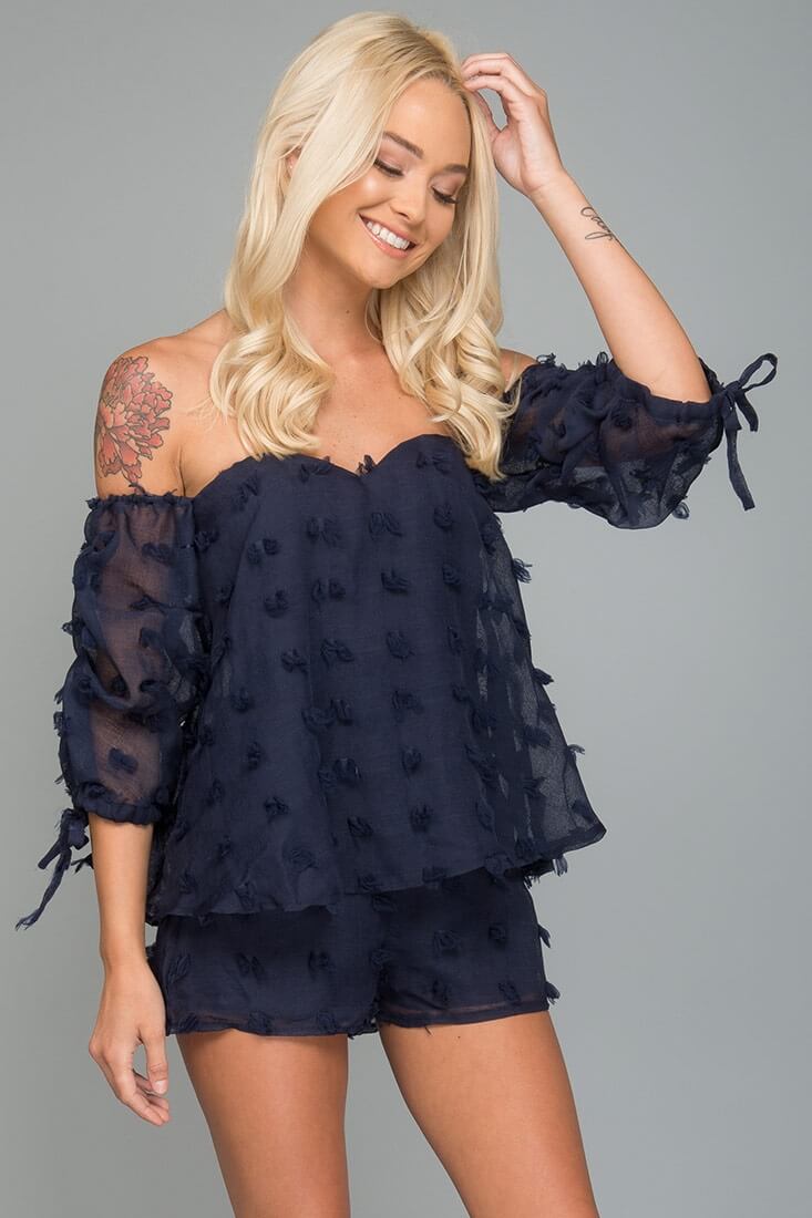 Stefani Heart Shaped Off the Shoulder Romper Navy by Selfie Leslie