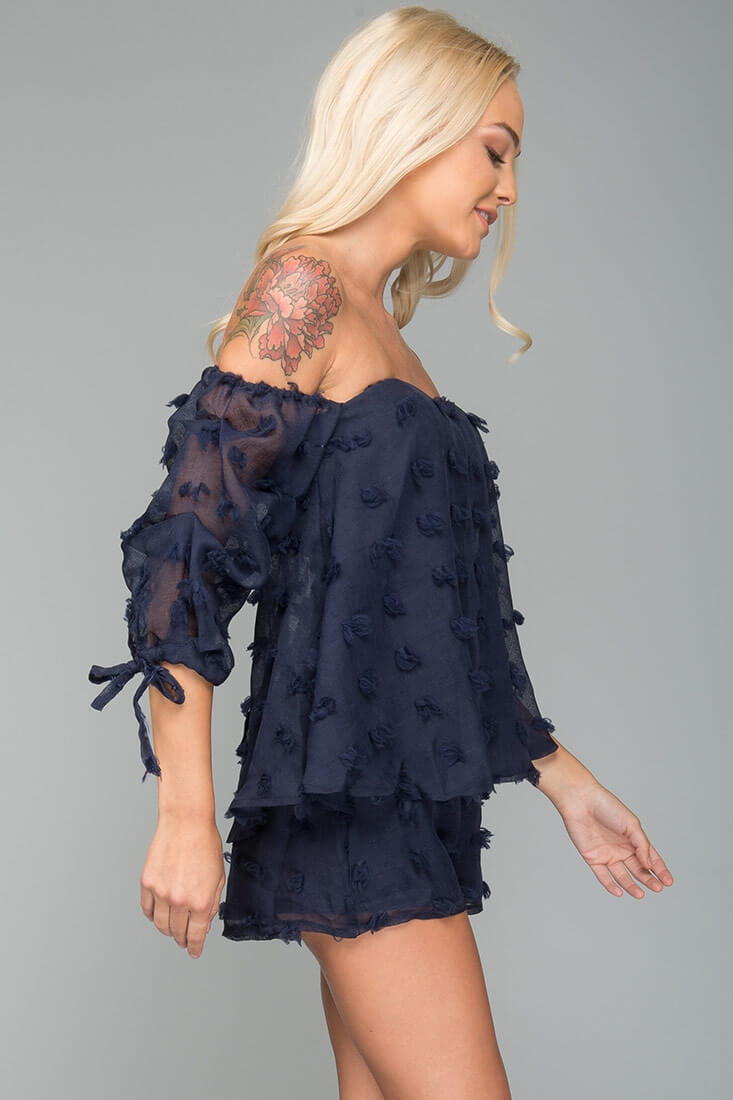 Stefani Heart Shaped Off the Shoulder Romper Navy by Selfie Leslie