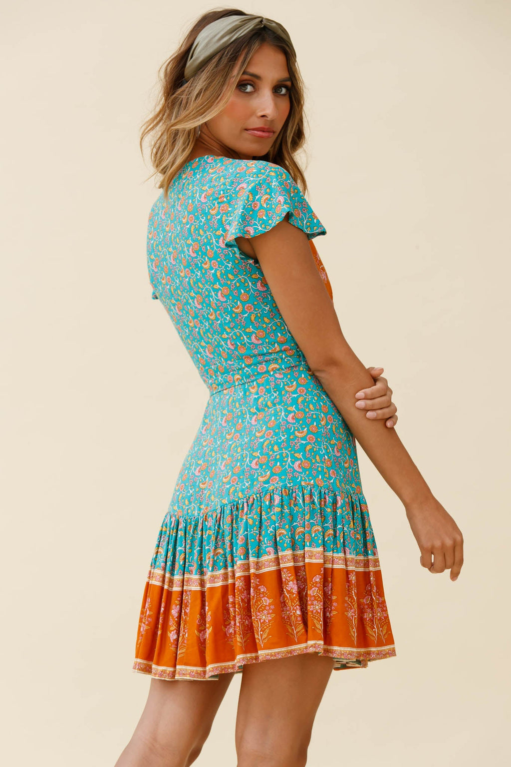 Mayan Angel Sleeve Waist Tie Wrap Dress Floral Print Jade by Selfie Leslie