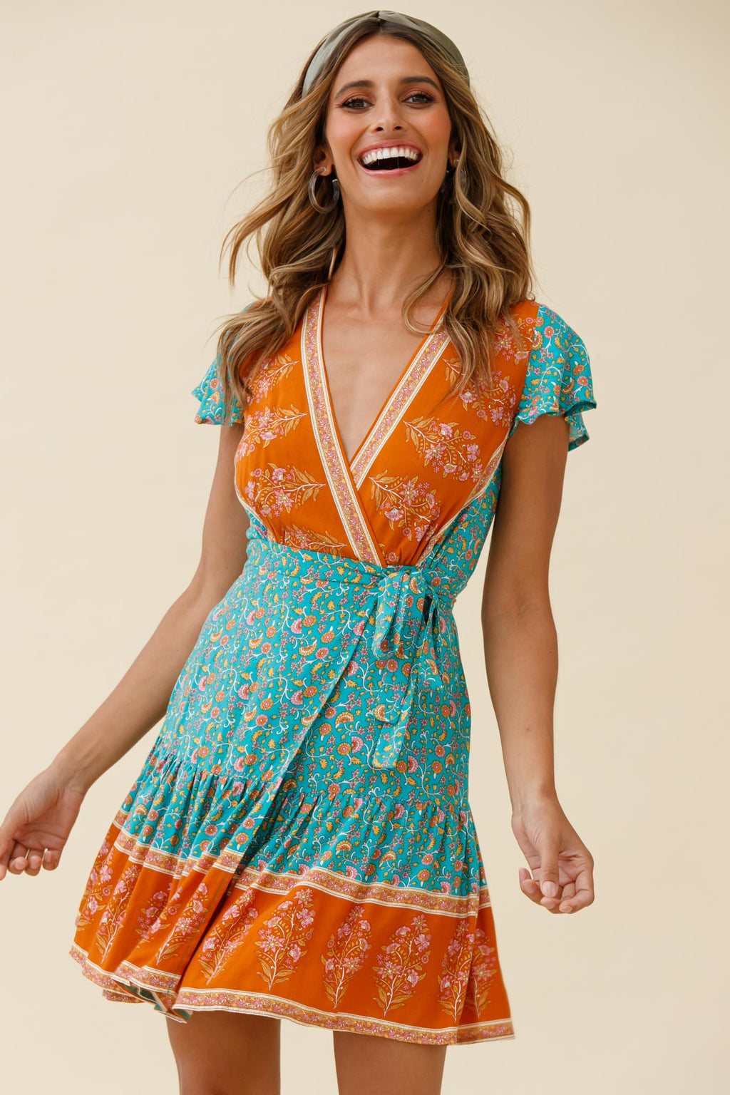 Mayan Angel Sleeve Waist Tie Wrap Dress Floral Print Jade by Selfie Leslie