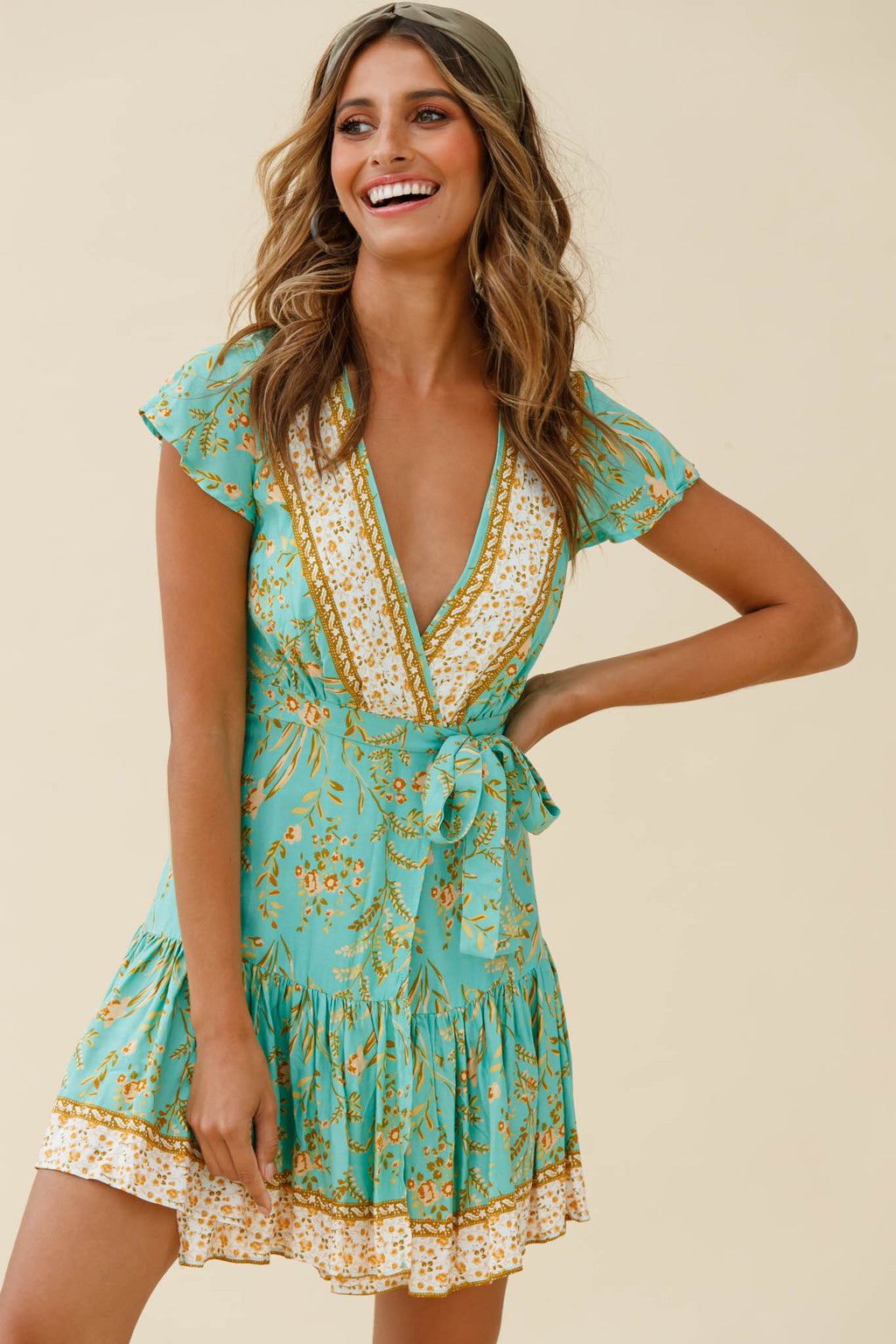 Mayan Angel Sleeve Waist Tie Wrap Dress Floral Print Mint by Selfie Leslie