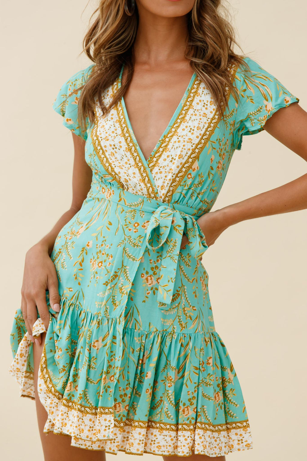 Mayan Angel Sleeve Waist Tie Wrap Dress Floral Print Mint by Selfie Leslie