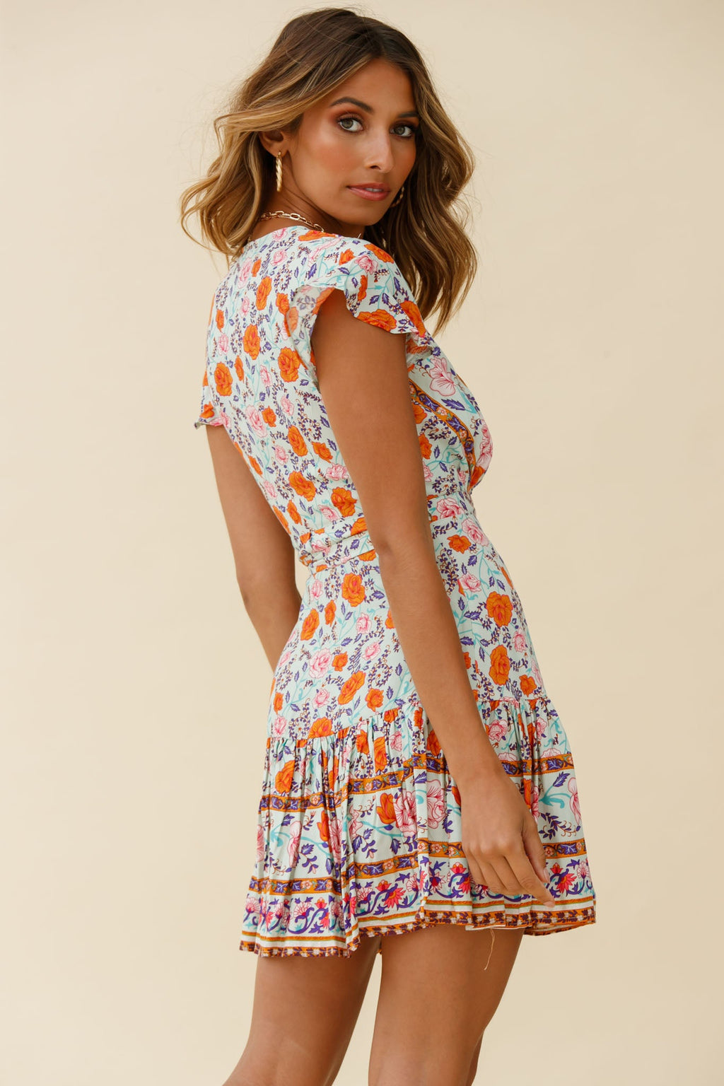 Mayan Angel Sleeve Waist Tie Wrap Dress Floral Print Mint/Pink by Selfie Leslie