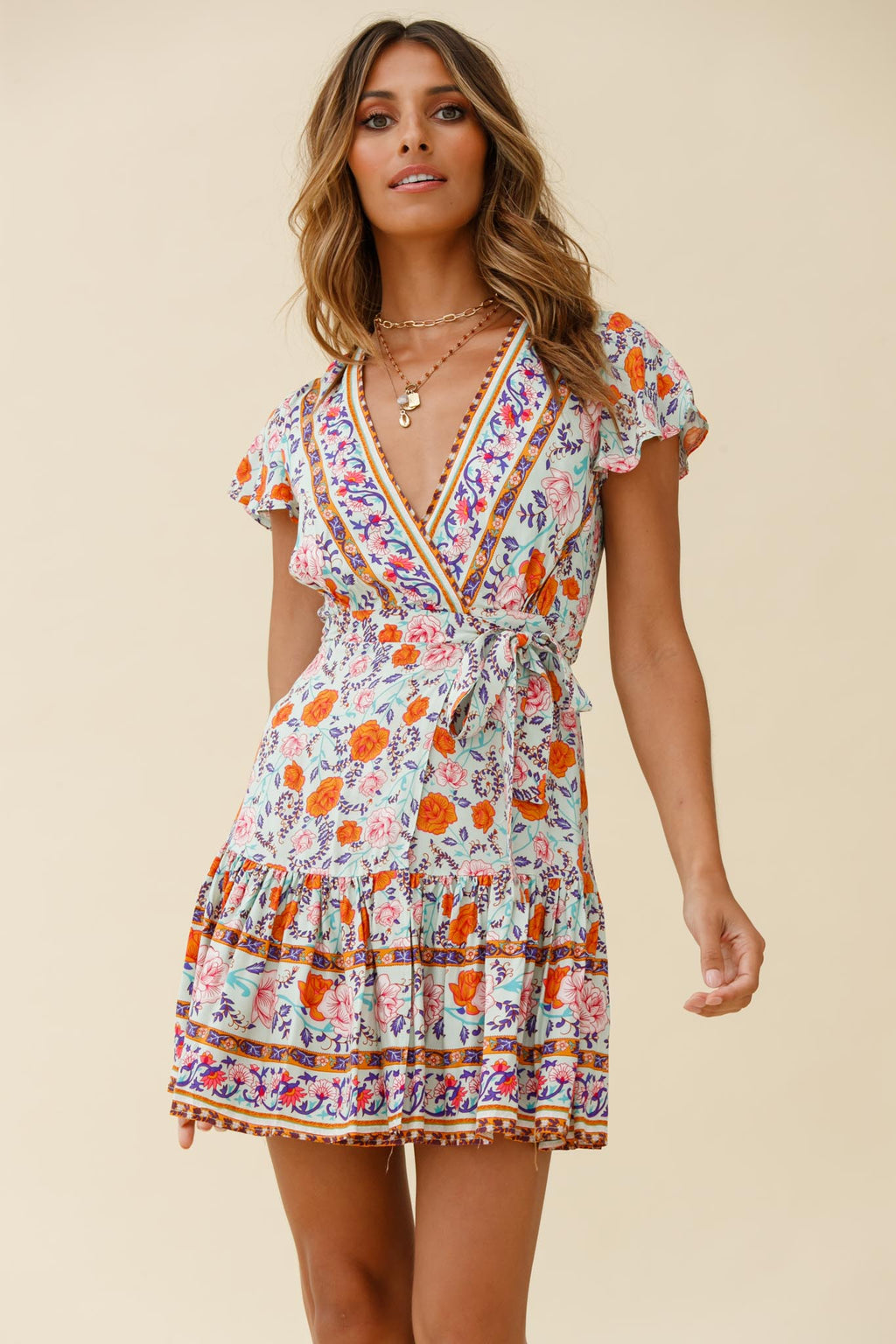 Mayan Angel Sleeve Waist Tie Wrap Dress Floral Print Mint/Pink by Selfie Leslie